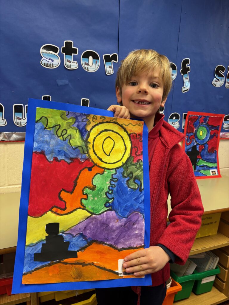 Ted Harrison style Inukshuk artwork, Copthill School