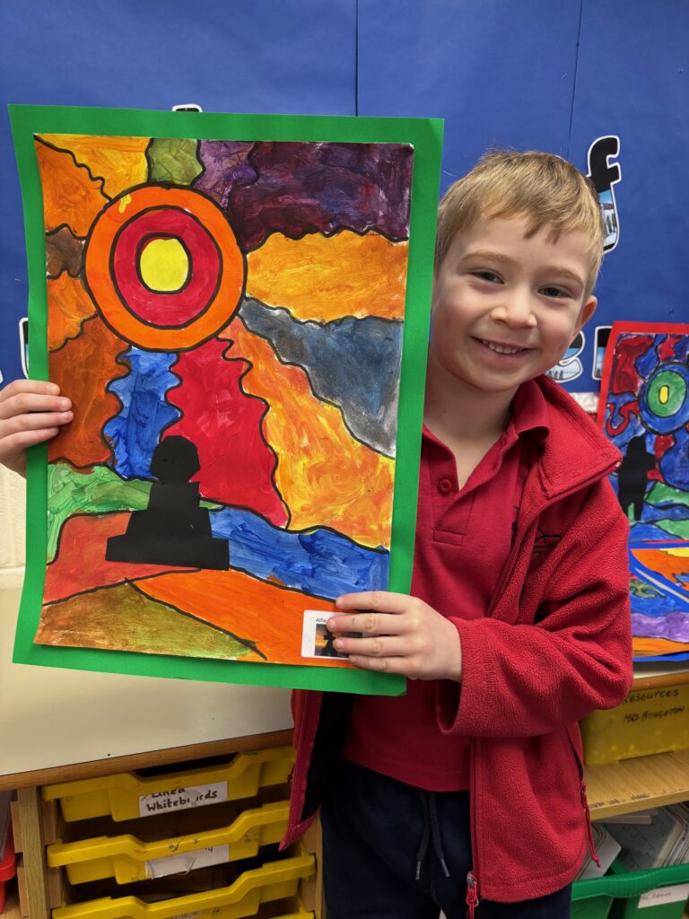 Ted Harrison style Inukshuk artwork, Copthill School