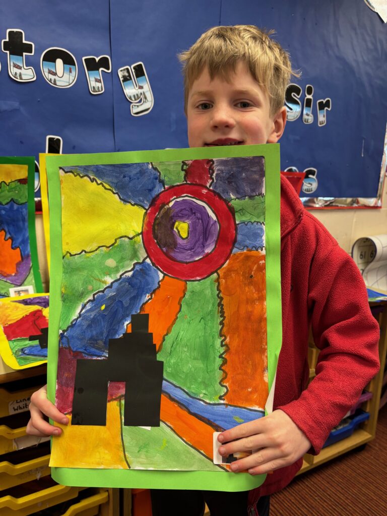 Ted Harrison style Inukshuk artwork, Copthill School